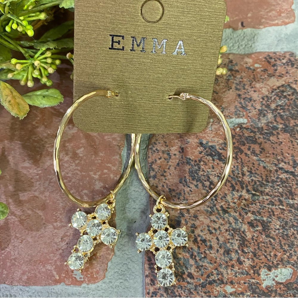 Fashion Gold Tone Fashion Hoops With Dangle Rhinestone Crosses